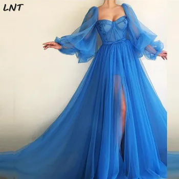 

Bell Sleeves Blue Formal Dresses Long Party Evening Gown with Slit robe de soiree