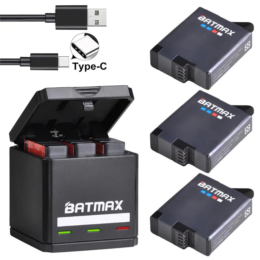 Batteria Batmax Per Gopro 7 Gopro 6 Hero 5 Gopro 8 + Scatola Caricatore Tripla Usb Con Porta Di Tipo C Per Gopro Hero 7 6 Hero 5 Action Camera