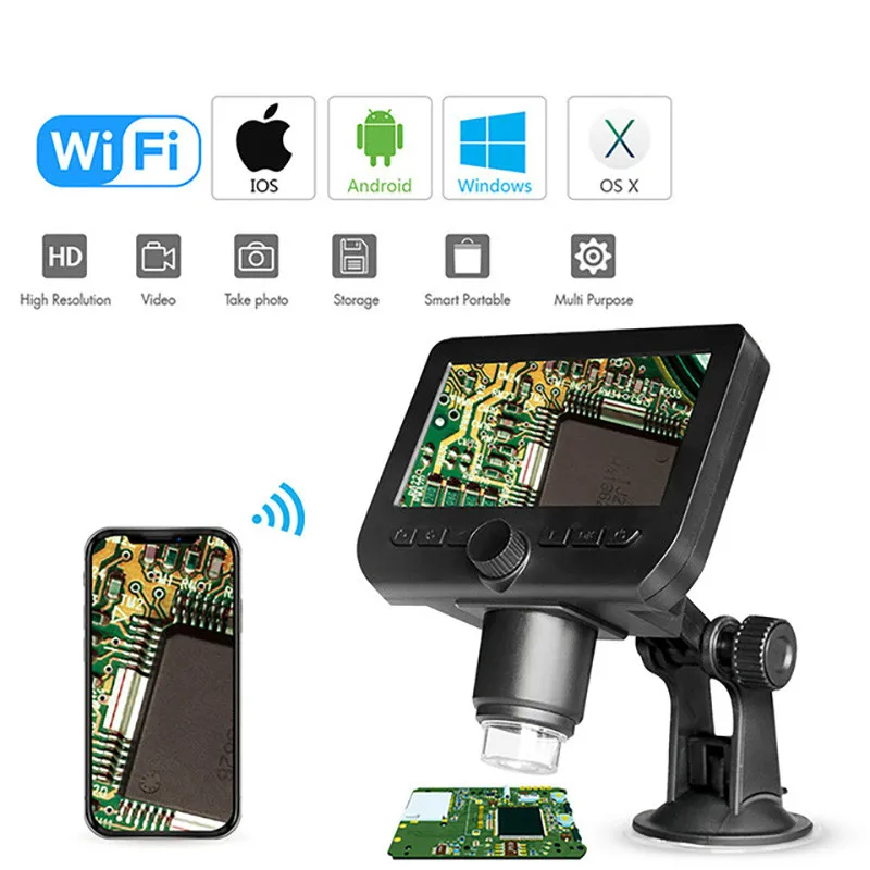 

4.3"LED Screen Display Wifi Digital Microscope 720P 50X-1000X Magnification 1080P FHD 2.0 MP 8 LED For Android and iOS Tablet PC