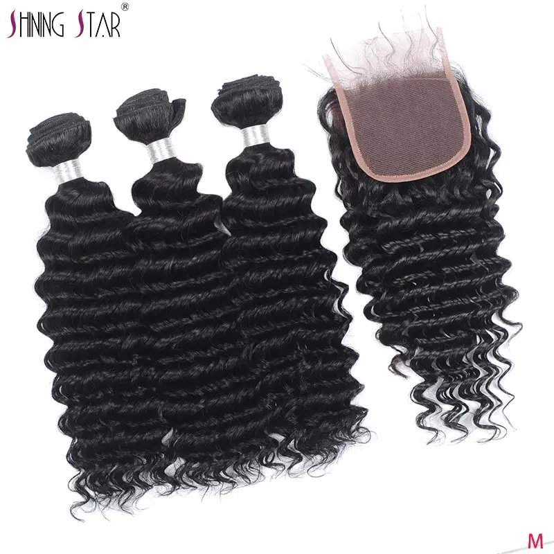 

Deep Wave Bundles With Closure Human Hair Weave Extensions Peruvian Remy Hair Weave 3 Bundles With 4*4 Lace Closure Shining Star