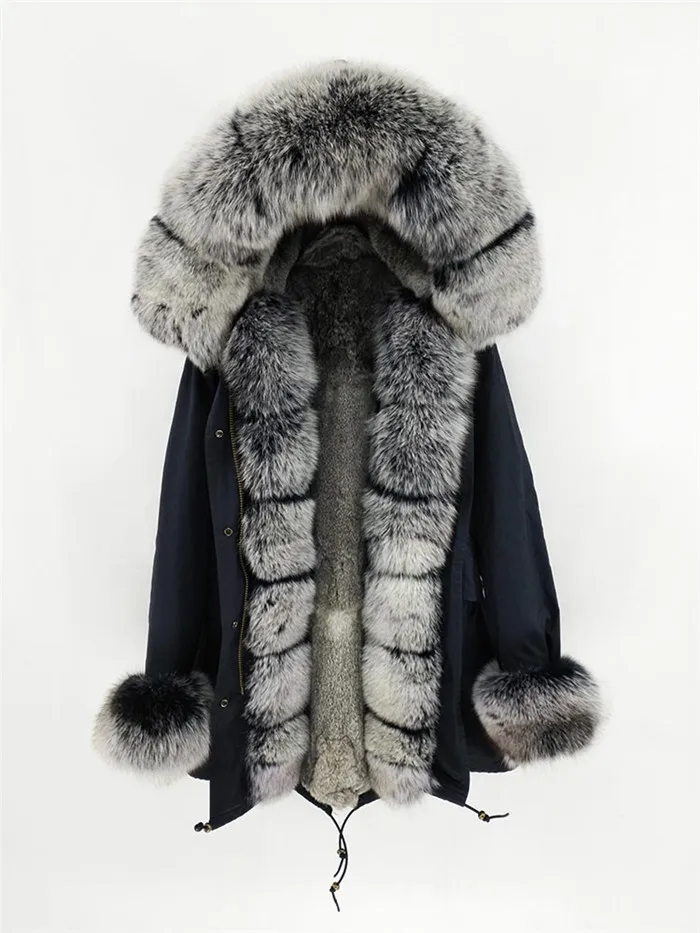 Роскошное натуральное меховое пальто, женская парка с подкладкой из натурального кроличьего меха, большое теплое пальто с капюшоном из лисьего меха, верхняя одежда, зимняя куртка - Цвет: Black With Grey