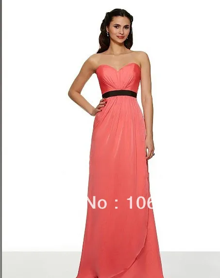 

free shipping chiffon A-line sash sweetheart open back empire waist floor length black grossgrain ribbon sash Bridesmaid Dress