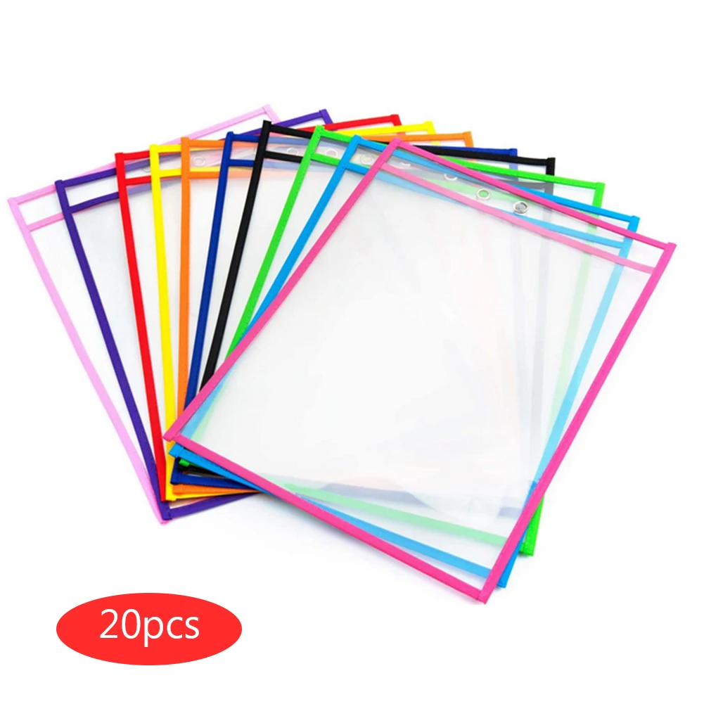 Mangas de sábana de trabajo reutilizables, bolsillos de borrado en seco, para tienda, colores surtidos, 10x14 pulgadas, suministros de enseñanza para niños, gran 20 piezas