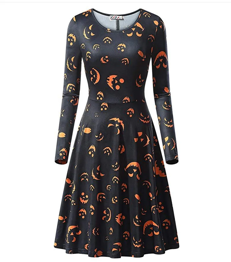 

2020 Arrival Halloween Printed Long Sleeve Round Neck Soft Dress Skull XL Size New Arrival
