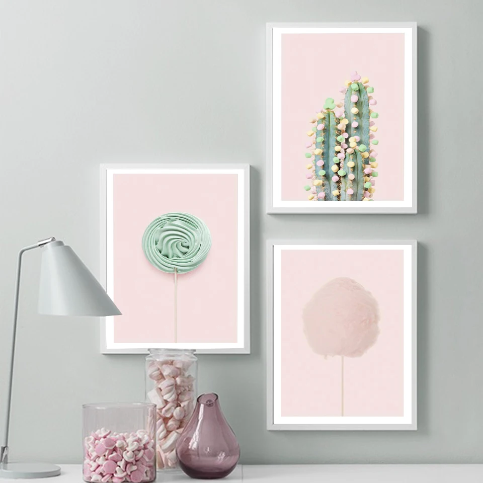 Pink Cotton Candy Lollipop Food Picture Fashion Nursery Poster Cactus Canvas Wall Art Print Painting Modern Kids Room Decoration | Дом и сад