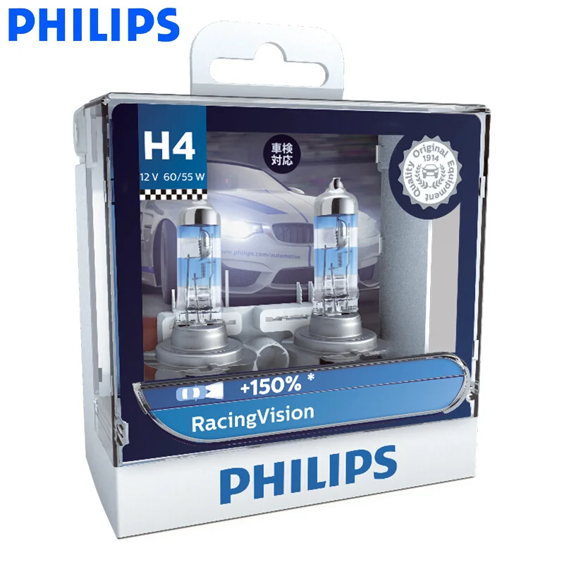 

Philips H4 H7 9003 Racing Vision +150% More Brightness Auto Headlight Hi/lo Beam Halogen Lamp Rally Performance ECE, Pair