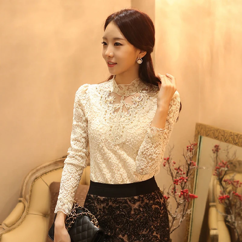 Tanie Moda Hollow out kobiety Sexy bluzka haftowana z koronki koszula odzież damska stojak szyi kwiatowy Plus rozmiar kobiecy topy Blusa 70A3