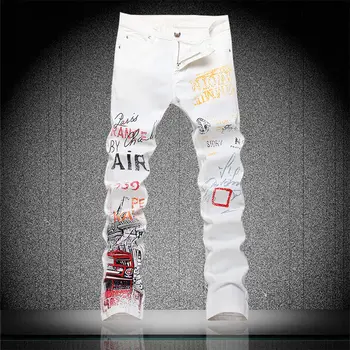 

Men's Fashion Letters Graffiti White Printed Jeans Slim Colored Painted Stretch pants Hip Hop Long Trousers