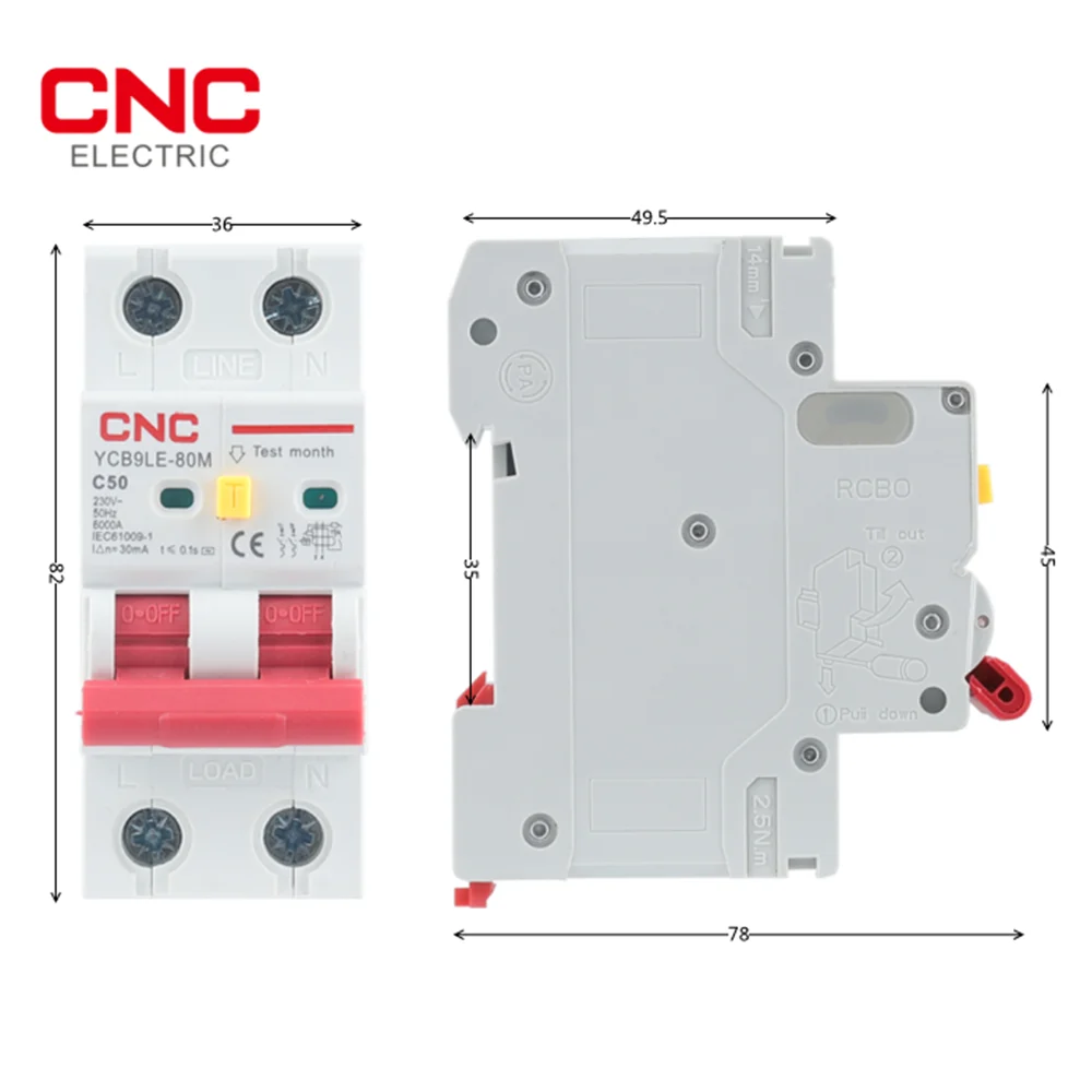 Interruptor atual residual com proteção sobre a corrente e do vazamento, CNC 2P 230V RCBO MCB 30mA, 6-63A YCB6HLN-63 PLUS