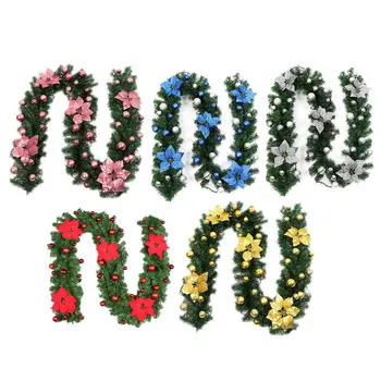 

2.7m Artificial Green Pin Christmas Garland Wreath Hanging Ornament Glitter with Fake Flowers Balls Xmas Trees Wedding Decor Par