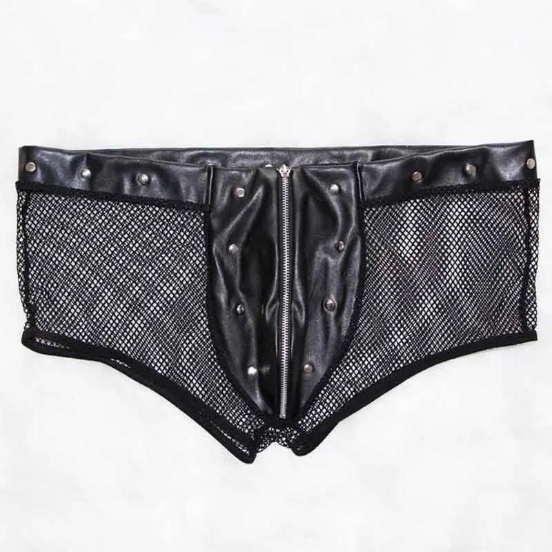 Men's Underpants Black Faux Leather Boxer Shorts Men Punk Transparent Fishnet Lingerie Hot Zip Open Front Underwear Gay Panties (5)