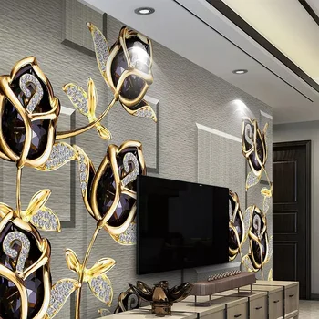 

Custom large mural 3D wallpaper Stylish modern luxury pearl jewelry golden flowers gray wall bedroom TV wall decor 5D embossed
