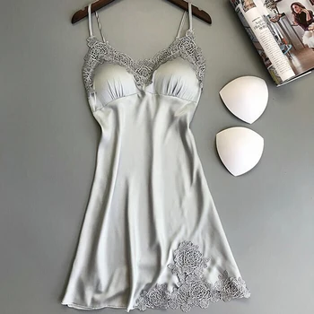 

Sexy Satin Nightgowns With Chest Pads For Women Lace Sleepwear Nightgowns Silk Nightgowns For Summer 2020 Sleep Dress