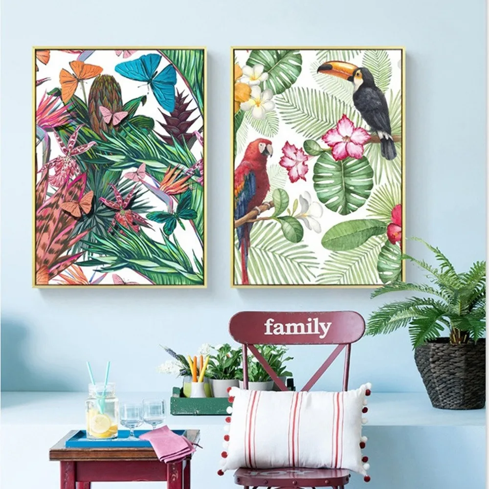 Тропический дождевой лес маленькая свежая Картина на холсте тигр попугай