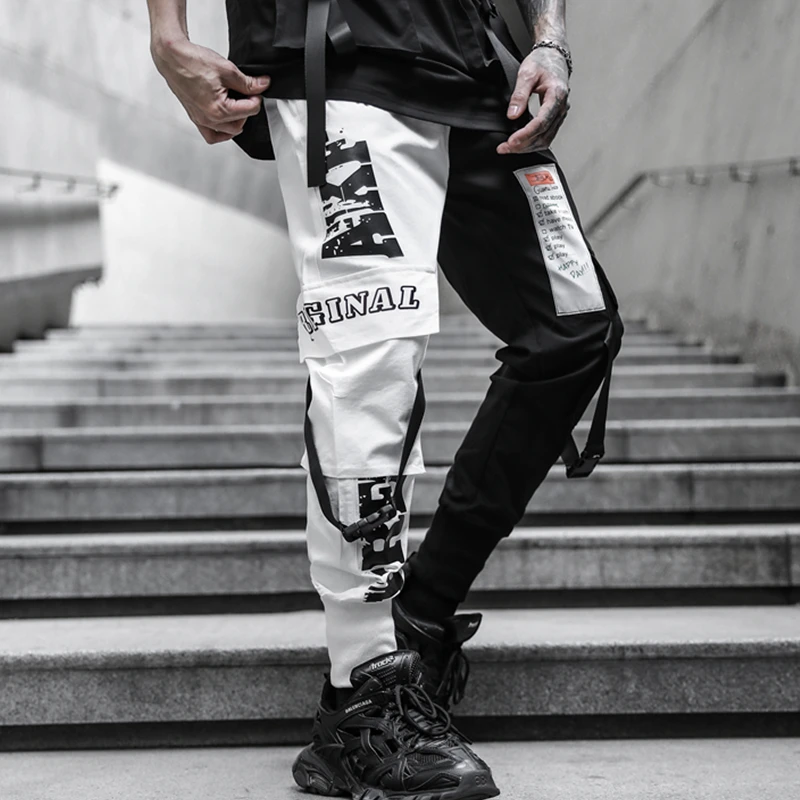 Pantalones Cargo de Hip Hop para hombre y peto de retales blanco negro, ropa calle, pantalones de algodón con bolsillos, ropa Techwear - AliExpress