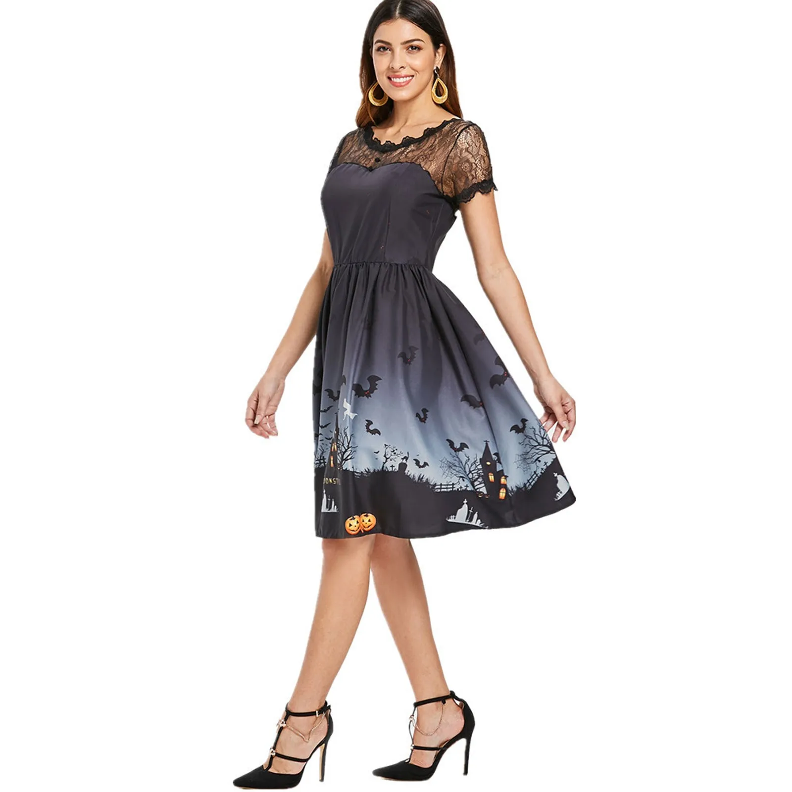 2021 Women Short Sleeve Halloween Retro Lace Vintage O-neck Dress A Line Pumpkin Castl Dress Plus Size Party Dresses Vestidos 2