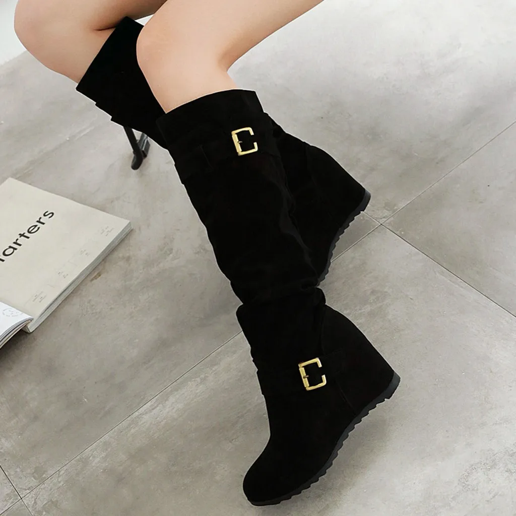 Обувь; женские ботинки; женские зимние ботинки; женские ботильоны в стиле ретро на танкетке с пряжкой; ботильоны до колена без шнуровки; повседневные длинные ботинки-трубы