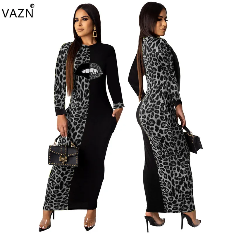 VAZN LO6227 продукт осеннее сексуальное женское платье 5 цветов с длинным рукавом с круглым вырезом и леопардовым принтом Сексуальное Женское уличное платье