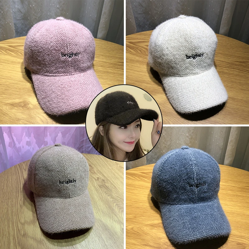 Korean Style Embroidered Adjustable Warm Baseball Caps Embroidered Letters Baseball Caps Peaked Caps Rabbit Fur Baseball Caps navy baseball cap