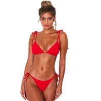 New Push Up Two Pieces Bikini For Women Solid Color Lace-up Sexy Thong Triangle Swimsuit And Beachwear Feminino