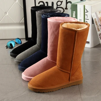 

Cowhide Genuine Suede Leather Female Winter Furry Australian Boots with Faux Fur Plush Snow Boots for Women tall Australia Shoes