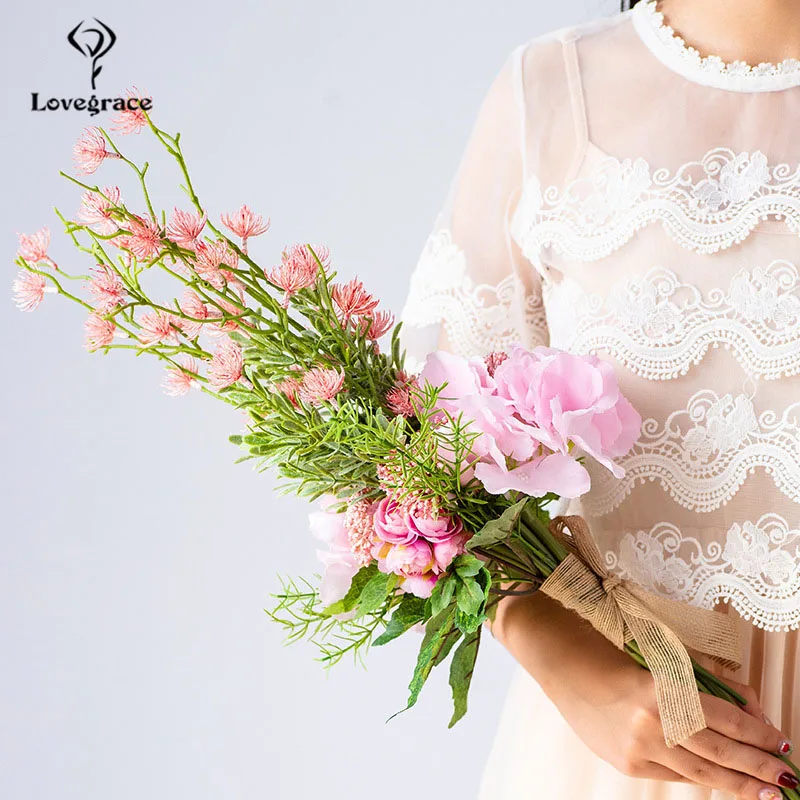 Lovegrace, Свадебный букет невесты, длинный букет, Прямая поставка, искусственный шелк, мини-роза, цветок гортензии, свадебный букет