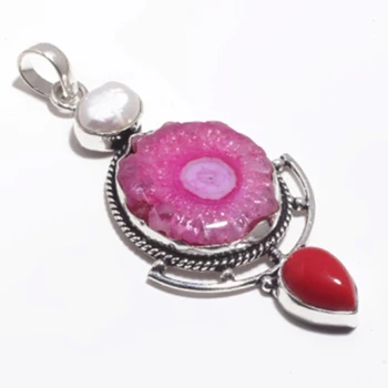 

Genuine Solar Quartz + Biwa Pearl + Coral Pendant Silver Overlay over Copper , Hand made Women Jewelry Gift
