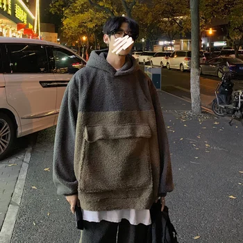 

2019 Autumn And Winter New Thickened Plus Velvet Hooded Sweatshirt Fashion Casual Color Matching Lamb Wool Pullover Brown M-XL