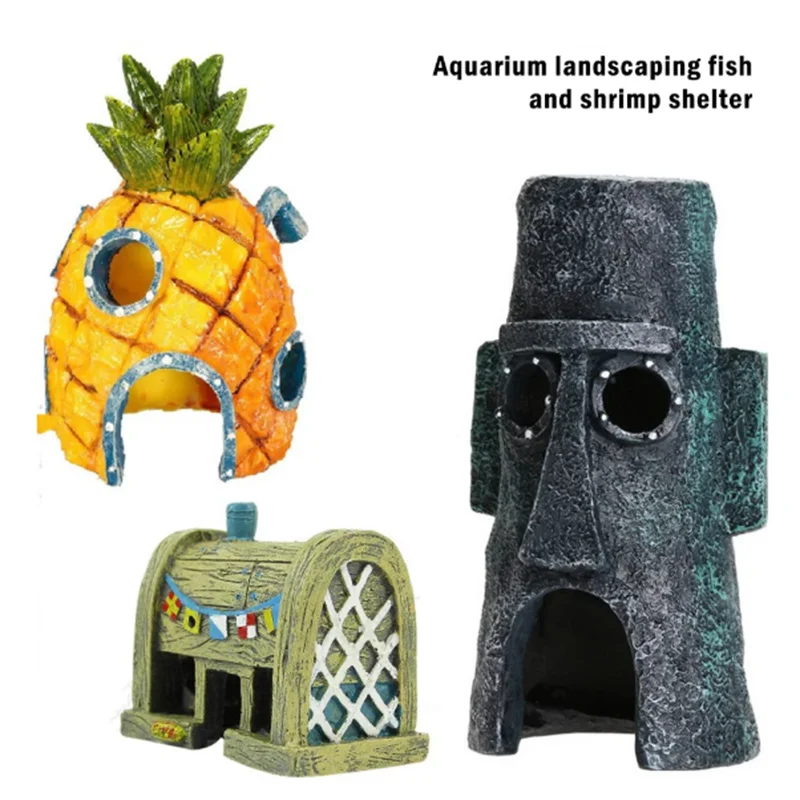 Adornos con figuras de dibujos animados para decoración de pecera, adornos con figuras de resina, piña, casa, acuario de jardinería