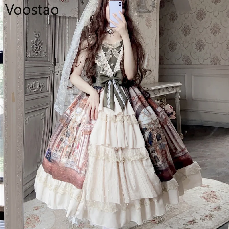 Vintage Victorian Elegant Lolita Princess Jsk Dress Women Sweet Lace Bow Sleeveless Party Dresses Girls Chic Wedding Vestidos, lolita dress,lolita suspender dress,lolita cosplay costumes,suspender dress