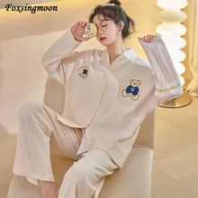 

2021 Womens Cotton Pajamas Suit Cartoon Cardigan Autumn Long Sleeve Sleepwear Underwear Plus Size Home Clothes 2-piece Lounge