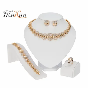 

MUKUN Dubai Gold Wedding Jewellery Set Bridal Jewelry Gold Color Necklace Bracelet Nigerian Crystal Earrings Ring for Women's