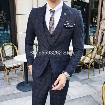 

England Classic Square Slim Fit Suit Three Piece Suit Male Groom Suit