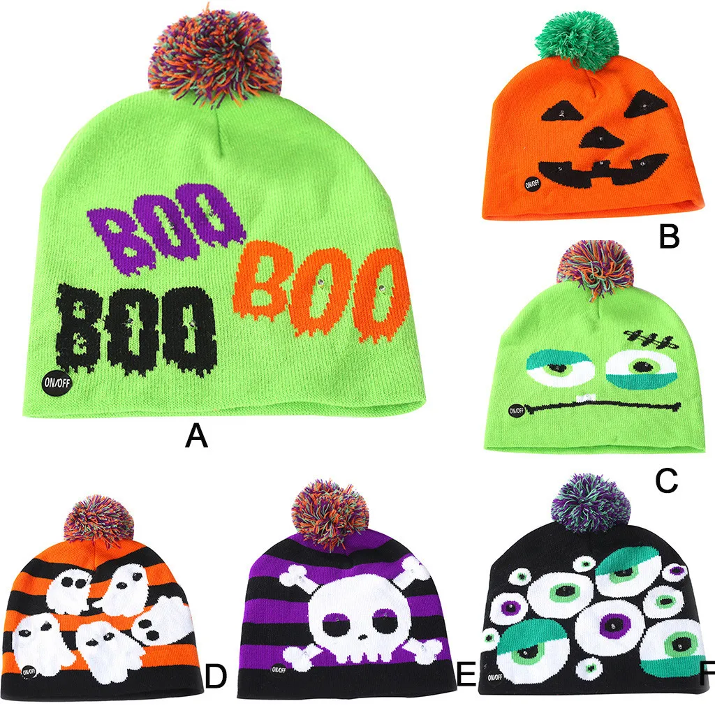 Colorful Halloween Pumpkin LED Light-up Knit Hat Beanie Hairball Warm Cap Gifts Outdoors Bucket Fashion Cute Dropshipping