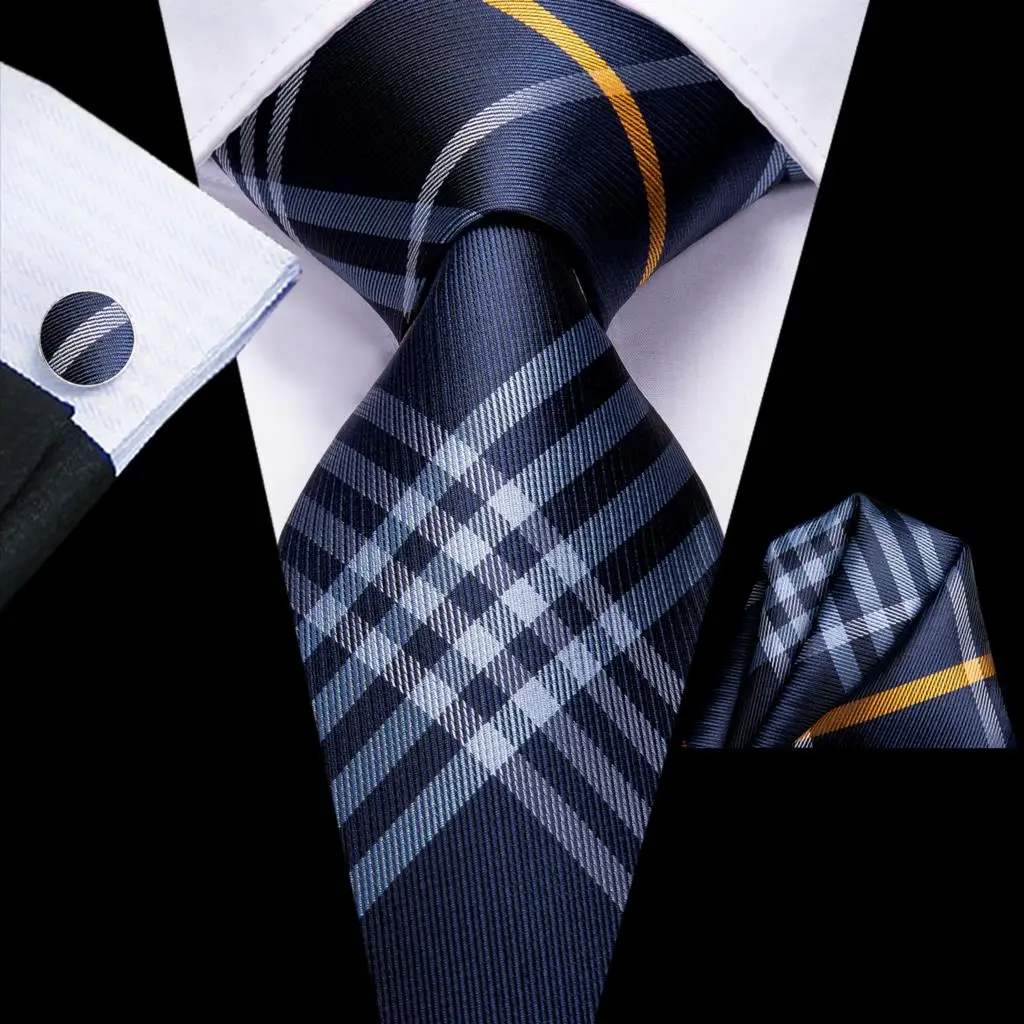 Hi-Tie Designer Silk Wedding Tie For Men Blue White Plaid Handky Cufflink Set Fashion Necktie For Men Business Party Wholesale