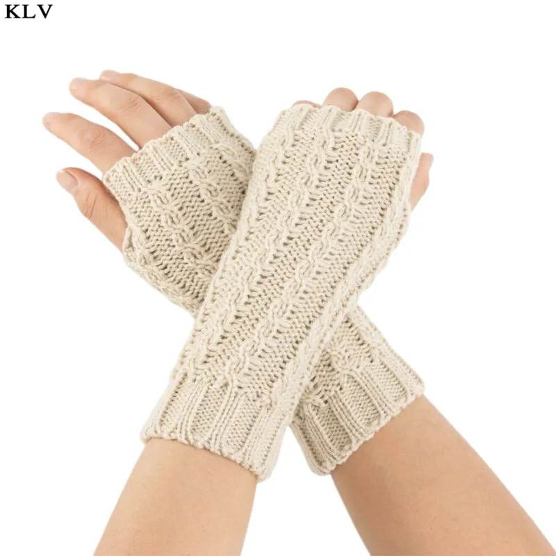 Beige Женские, мужские, зимние, толстые, плетеные, вязаные, нарукавники, одноцветные, с отверстием для большого пальца, перчатки без пальцев, зимние, лыжные, уличные, варежки - Цвет: Beige