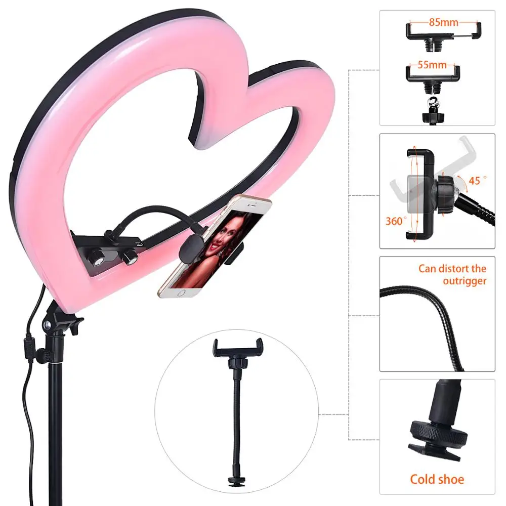 US $128.56 FOSOTO Led RGB Light HeartedShape Photographic Lighting 3200K5600K Lamp With Tripod And USB Port For Video Phone Camera Makeup