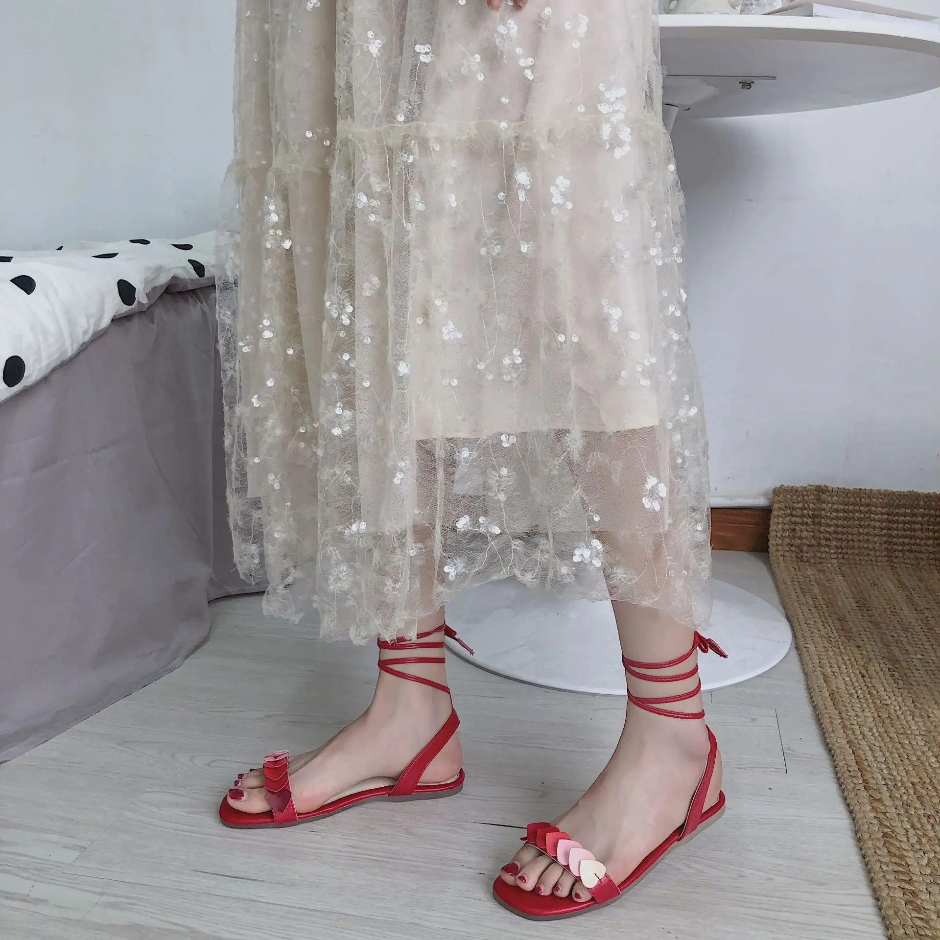 

Sandals Women's Fairy-Style 2019 Summer New Style Korean-style Versatile Heart Bandage Cloth Sandals Women's Outer Wear Flat San