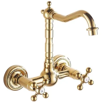 

vintage Carved gold bathtub faucets polished full copper hot cold mix water tap dual handle wall mounted