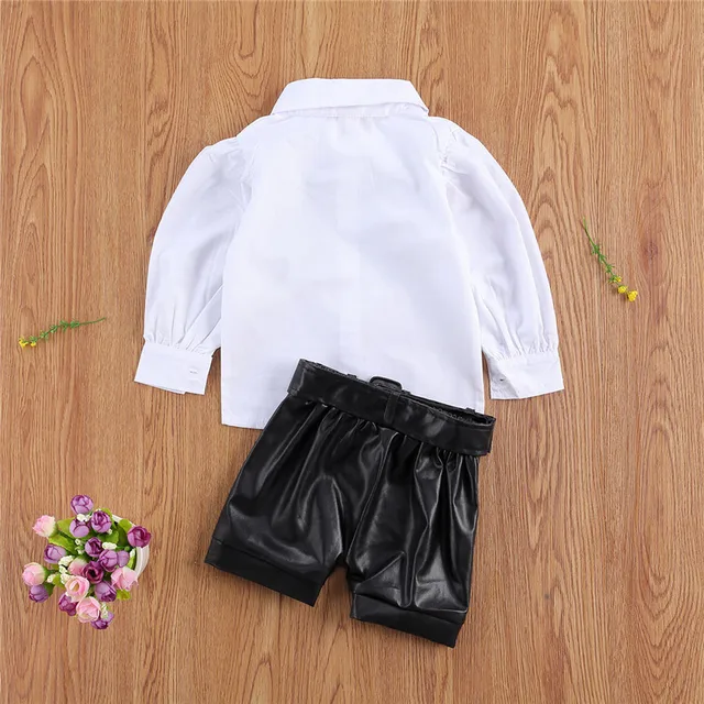 1-6Y Fashion Children Girls Clothing Sets Toddler Kids Girls Lace Bowtie Blouse Shirts Tops+PU Leather Shorts Tracksuits Outfits 3