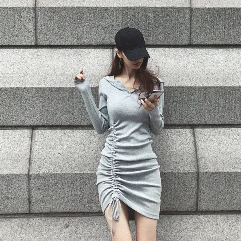 

WOMEN'S Dress 2018 Spring And Autumn Casual V-neck Hooded Drawstring Pleated Slim Fit Elasticity Sheath Base Dress Women's