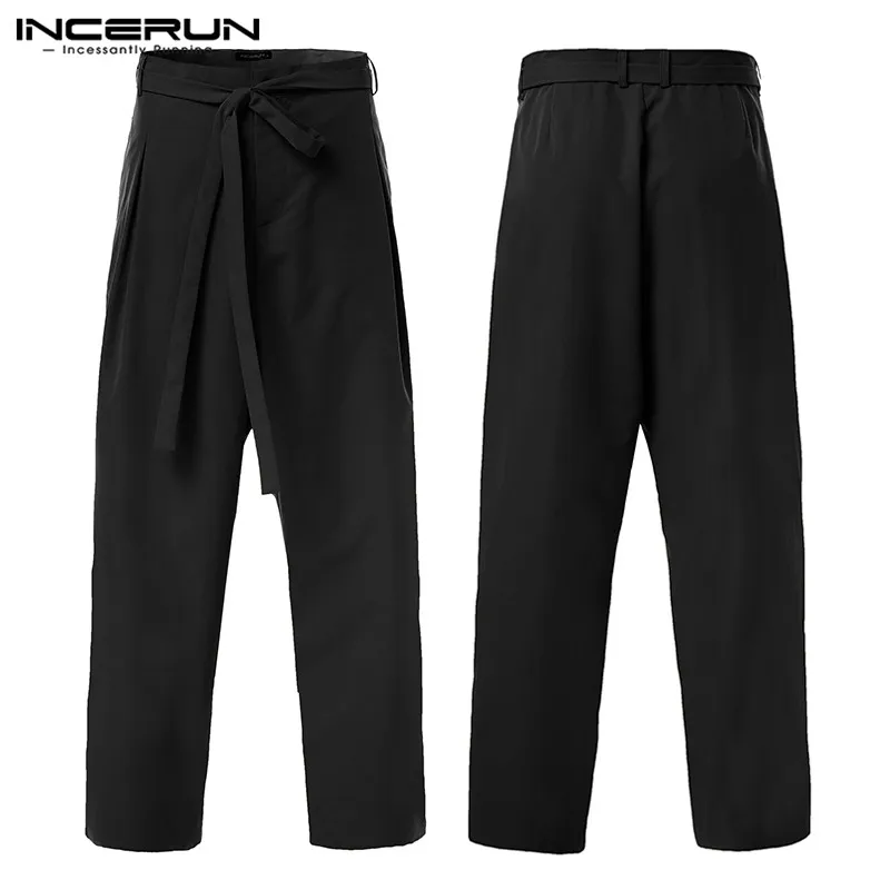 INCERUN,, штаны для мужчин, для бега, на шнуровке, стильные, одноцветные, свободные, на молнии, уличная одежда, повседневные брюки для мужчин, Pantalones Hombre, с поясом, 5XL