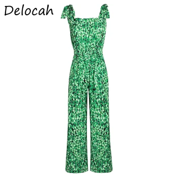 

Delocah Summer Women Fashion DesignerÂ Jumpsuit Sexy Spaghetti Strap Bow High Waist Bodycon Fit Printed Ladies Straight Bodysuit