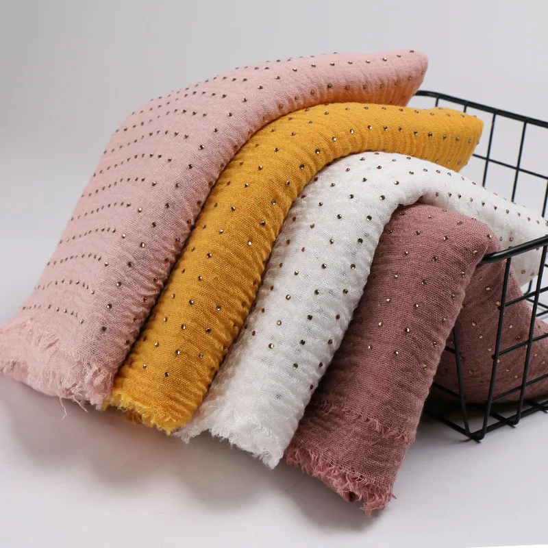 

Plain Color Bubble Cotton Maxi Muslim Women Hijab Turban Gold Diamonds Headband Fringe Edges Headscarf Long shawls 180X100CM