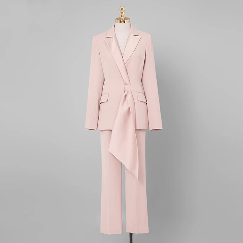 Розовый Women Elegant Suit Long Sleeve Turn Down Collar Blazer+Nine Pants Pink Set Office Lady Autumn New Fashion High Quality - Цвет: Розовый