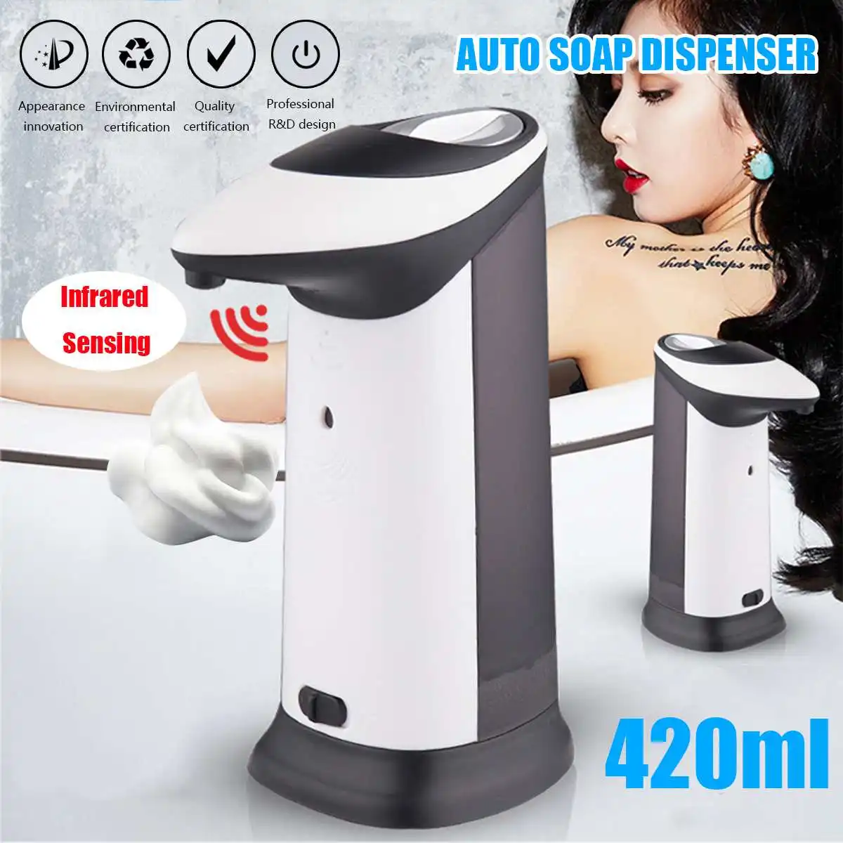 

420Ml Automatic Liquid Soap Dispenser Sensor Touchless ABS Electroplated Sanitizer Dispensador Led Lighting for Kitchen Bathroom