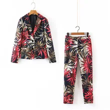 Цветочный женский костюм, осень, модный блейзер с принтом и штаны, современный женский комплект из 2 предметов