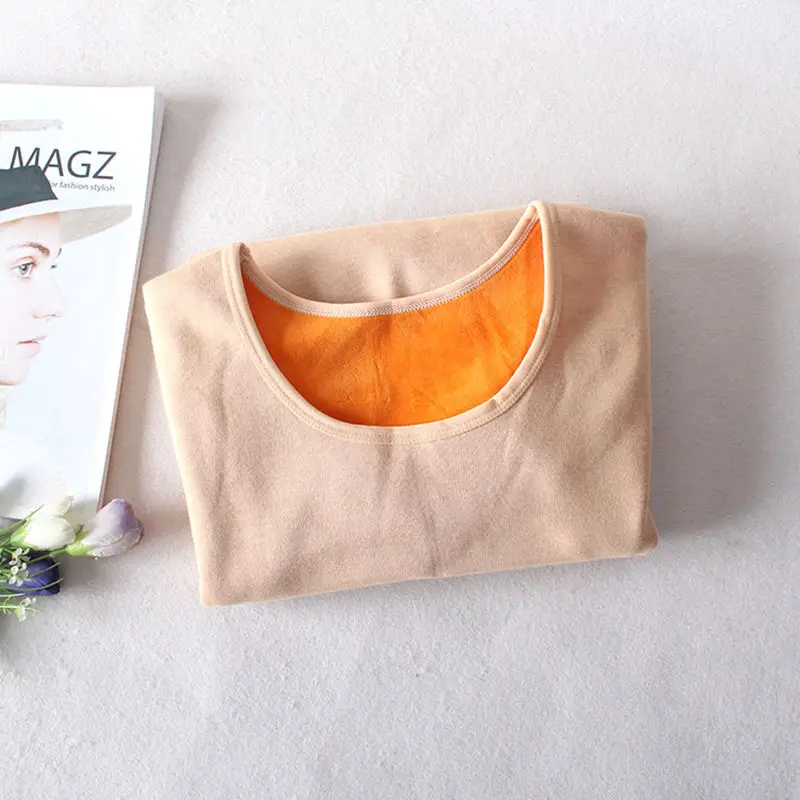 apricot O-neck tops Бархатная плотная женская рубашка с длинным рукавом, зимние женские топы с круглым вырезом, тонкая теплая хлопковая футболка, Женская Повседневная футболка C5934 - Цвет: apricot O-neck tops