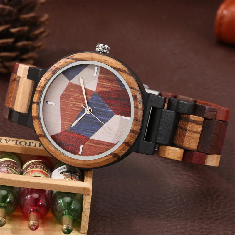 Colorful Full Wooden Men Watch Geometry Pattern Round Dial Analog Quartz Watch Mens Wood Bangle Wristwatch Folding Clasp Reloj