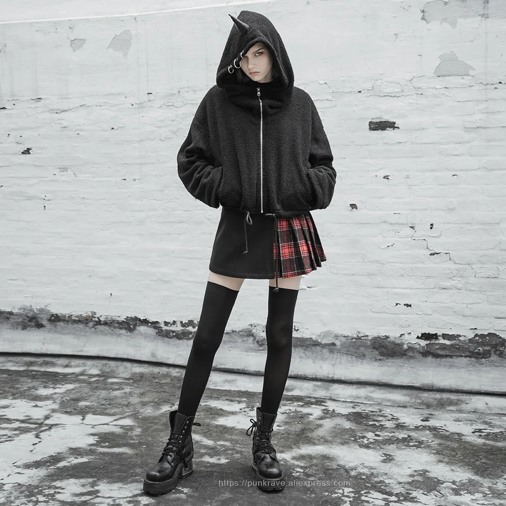 Панк рейв женский Единорог короткое бархатное черное пальто рисунок веревка подол теплый с капюшоном длинным рукавом зимняя женская куртка
